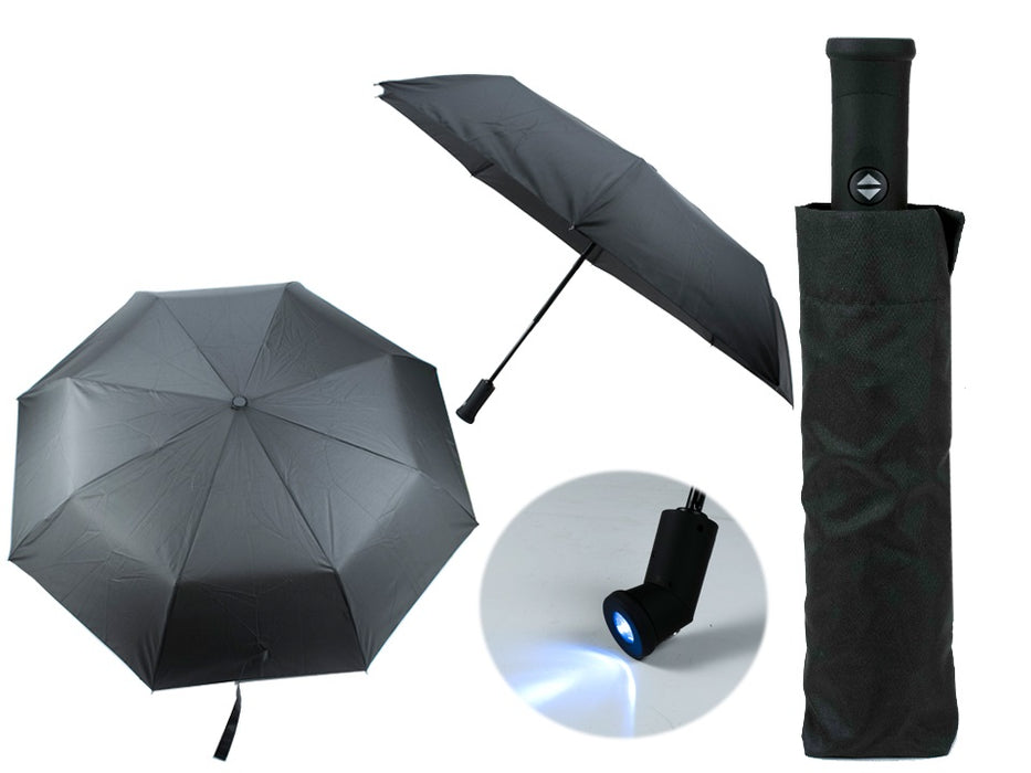 Parapluie pliant «Rain-Guard» 3 plis, avec poignée munie d'une lampe de poche